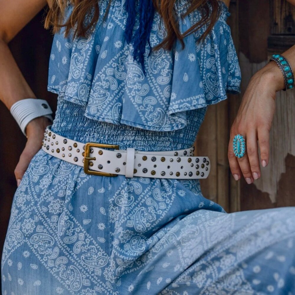 Most Wanted Distressed Studded Leather Belt Beige